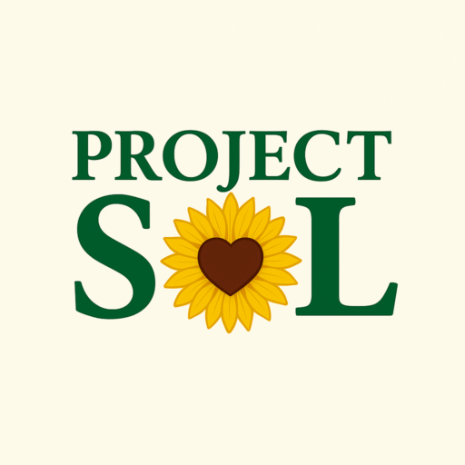 Logo for Project SOL featuring green serif text and a sunflower with a brown heart at the center.